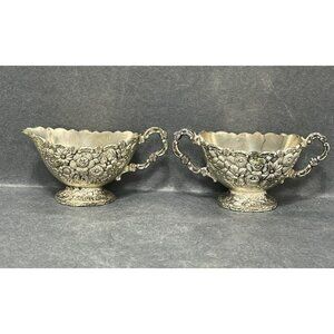 Antique Floral Silver Colored Creamer and Sugar Set made in Japan